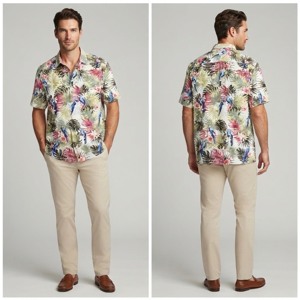 Tommy Bahama Mens XL Silk Tropical Parrot Floral Button Up Camp‎ Shirt Green Red